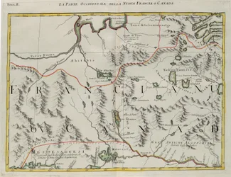 Uuden Ranskan tai Kanadan länsiosa, G. Zulianin kaiverrus otettu Antonio Zattan Venetsiassa vuonna 1778 julkaiseman "Uusimman atlasin" Tome I:stä, yksityiskokoelma