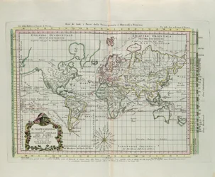 Maailmankartta ja maapallon yleinen kuvaus, kuvaksi pienennetty, G. Zulianin kaiverrus, joka on otettu Antonio Zattan Venetsiassa vuonna 1774 julkaiseman "Uusimman atlasin" Tome I:stä.