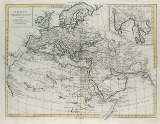 Muinaisten tuntema maailma, G. Zulianin kaiverrus, joka on otettu Antonio Zattan vuonna 1785 Venetsiassa julkaiseman uusimman atlasin Tome IV:stä, yksityinen kokoelma
