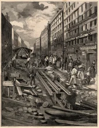 Bellevillen köysirata, raitiotien, rue de Belleville vuonna 1894. Kaiverrus M.G. de Burgrraffin piirustus. Vuoden 1894 "The Illustrous World" -elokuvassa.