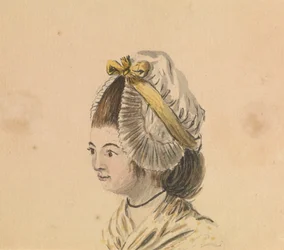 Naisen pää, jolla on röyhelöinen lippalakki, noin 1774 (akvarelli).