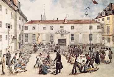 ""Bicetren vankilan vangit on ketjutettu pihaan"" Gabriel Cloqueminin akvarelli (1700-luvun loppu, 1800-luvun alku) Paris Musée Carnavalet