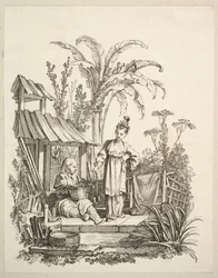 Istuva kiinalainen mies ja nainen kantamassa kalaa, n. 1742.