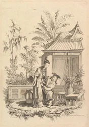 Chinoiserie-kohtaus hahmoineen maisemassa, 1700-luku.
