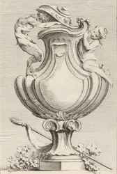 Suunnittelu maljakolle, jossa on faun ja nymfi, Livre de Vases Book of Bases, levy 1..., 1742-50.
