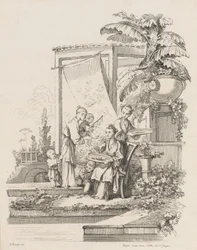 Istuva nainen lasten ja palvelijoiden kanssa, n. 1738-45.