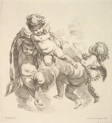 Kolme lasta pilvien seassa kantamassa verhoa, 1738-45.
