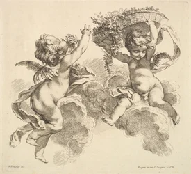 Kaksi lasta, yksi kädessään kukkakori, 1738-45.