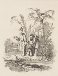 Kaksi naista johdattelemassa lasta kohti teekannua pöydällä lähellä lampia, n. 1742.