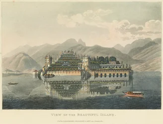 Näkymä kauniille saarelle (Isola Bella, Lago Maggiore), ennen vuotta 1820 (akvarelli etsauksen päällä ja akvatinta kudottupaperilla)