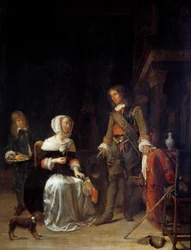 Sotilas nuoren tytön luona Gabriel Metsun (1629-1667) maalaus 1600-luvun su. 0,63x0,47 m
