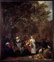 Amsterdamin yrttikävely Gabriel Metsun (1629-1667) maalaus 1600-luvun aurinko. 0,97x0,84 m Pariisin Louvre-museo