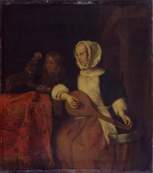 Mandoliinia soittava nainen, n. 1660-65 (öljy paneelissa)