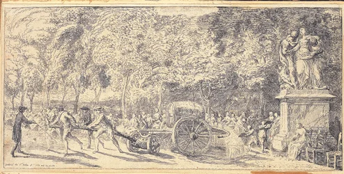 Hahmot vetävät tynnyriä vaunussa Tuileries Gardensissa, 1760