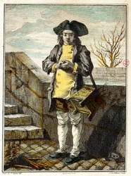 Vanhat menetelmät: kengänkirkkaus tai kengänkirkkaus. Kaiverrus Gabriel de Saint Aubin (1724-1780) 1700-luvun Pariisin museo Carnavalet