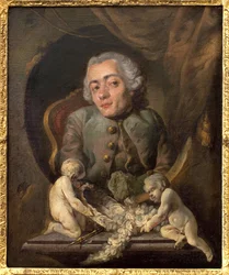 Muotokuva kyttyräselkäisestä taiteilijasta. Gabriel Jacques de Saint Aubinin (1724-1780) maalaus öljy kankaalle. 1700-luvun ranskalaista taidetta. Rouenin taidemuseo.