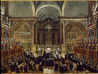 Nunnan pukeutumisseremonia San Lorenzon kirkossa Venetsiassa Yksityiskohta Gabriele Bellan (1730-1799) maalaus 1789 Koko 94x148 cm Venice Fondazione “” Querini Stampalia””
