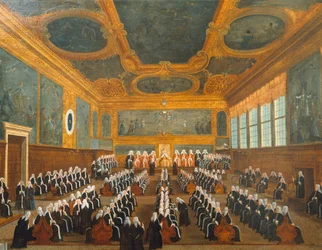 Pregadin neuvosto, Gabriel Bella (1730-1799), öljy kankaalle, 96x149 cm