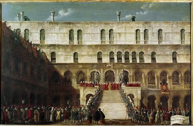 Dogen virkaanastujaiset Jättiläisten portailla (Dogen kruunaus Venetsian Scala dei Gigantilla). Venetsia, Fondazione Querini Stampalia