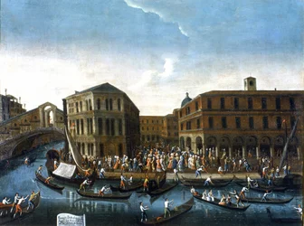 Kaupungin edustajien kulku Rialtoon. Gabriel Bellan maalaus. 1700-luvun toinen puoli. Kuvagalleria Querini Stampalia, Venetsia (?).