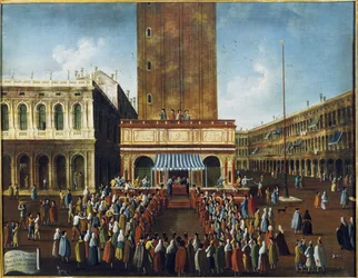 Julkinen arpajaiset Loggettassa, Piazza San Marco, Venetsia "" - Lottopeli (arpajaiset) Loggettassa Pyhän Markuksen aukiolla Venetsiassa"" Gabriel Bellan (1730-1799) maalaus 1700-luvun Venetsia, säätiö " “Querini Stampalia”””
