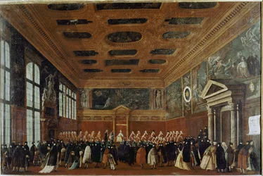 Suurlähettiläsvastaanotto Collegiossa (Venetsia, suurlähettilään vastaanotto Collegiossa) - Gabriele Bellan (n. 1730-1799) maalaus, öljy kankaalle, 99x150 cm. Venetsia, Querini Stampalia Foundation