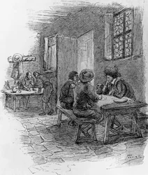 Renzo, Tonio ja Gervase majatalossa, luku VII, Gaetano Previatin (1852-1920) kuvitus teokselle Faithfulness, Alessandro Manzonin (1785-1873) historiallinen romaani