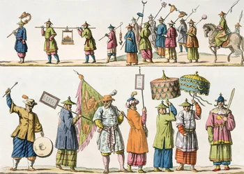 Kiinan keisarin kulkueen päähenkilöt, kuvitus Giulio Ferrarion teoksesta "Le Costume Ancien et Moderne", julkaistu noin 1820-30-luvulla