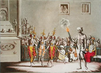 Kolme baltokia juhlii hindujen Giolen-Giatrahin juhlaa, levy 52 Jules Ferrarion teoksesta "Le Costume Ancien et Moderne", julkaistu noin 1820-30-luvuilla (värilitografia).