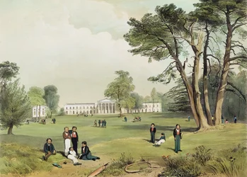 Protestanttisten toisinajattelijoiden lukio ja kappeli, Mill Hill, Middlesex, luonnosta piirtänyt D. Fowler n. 1830