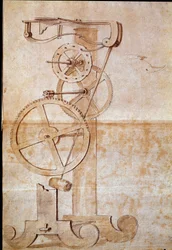 Kello, jossa on italialaisen tähtitieteilijän ja fyysikon Galileo Galilein eli Galiléen (1564-1642) vuonna 1638 ajan mittaamista varten tutkima punnitusheiluri. Firenze, kansalliskirjasto