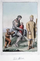 Tšukchi-pariskunta lastensa kanssa, kuvitus Jules Ferrarion teoksesta "Le Costume Ancien ou Moderne", julkaistu Milanossa n. 1820-30-luvulla (värikaiverrus)