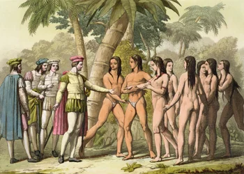 Christopher Columbus (1451-1506) ja Hernando Cortes (1485-1547) vastaanottamassa intiaanitytöä lahjaksi julkaisusta "Le Costume Ancien et Moderne", osa I, levy 5, Jules Ferrario, julkaistu noin 182