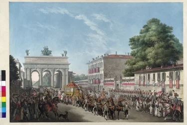 Keisari Franz I:n maahantulo Milanossa 10. toukokuuta 1825 (akvatintti).