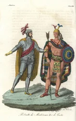 Hernan Cortes tapaa Montezuma II:n vuonna 1519.