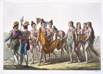 Native American Widows lähestyy päällikköään saadakseen lupa mennä uudelleen naimisiin, levy 57 Jules Ferrarion "Le Costume Ancien et Moderne", julkaistu noin 1820-30-luvulla