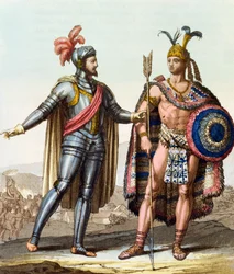Hernan Cortesin (1485-1547) ja Montezuma II:n (1466-1520) kohtaaminen Jules Ferrarion teoksesta Le Costume Ancien ou Moderne, Milano, n. 1820