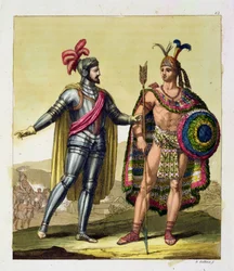 Hernando Cortesin (1485-1547) ja Montezuma II:n (1466-1520) kohtaaminen, Jules Ferrarion teoksesta "Le Costume Ancien et Moderne", osa I, levy 63, julkaistu noin 1820-30-luvulla (värikaiverrus)