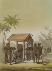 Guinean kuninkaiden hauta kyynärpäillä, levy 33 Jules Ferrarion "Le Costume Ancien et Moderne" -julkaisusta, julkaistu noin 1820-30-luvulla