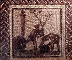 Gallo Roman Art: mosaiikkipäällyste, joka edustaa maalaismaista kalenteria. Jar pottering kohtaus. 2. vuosisadan loppu, 3. vuosisadan alku JC:n jälkeen. Saint-Romain-en-Galista (Rhône). Saint Germain en Laye, kansallinen arkeologinen museo