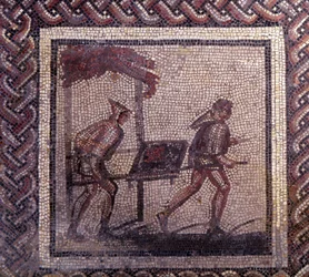 Galloroomalainen taide: maalaiskalenteria esittävä mosaiikkilattia. Lannan kuljetuskohtaus. 100-luvun loppu, 200-luvun alku jKr. Saint-Romain-en-Galista (Saint Romain en Gal, Rhône). Saint-Germain-en-Laye, Kansallinen arkeologinen museo