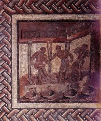 Gallo-roomalainen taide: maalaiskalenteria esittävä mosaiikkilattia. Rypäleiden polkeminen sammiossa. 100-luvun loppu, 200-luvun alku jaa. Saint-Romain-en-Galista (Rhône). Saint-Germain-en-Laye, Kansallinen arkeologinen museo
