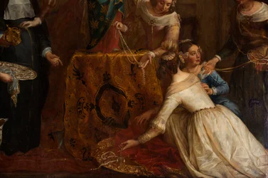 Seurakuntakirkko (Eglise Saint-Brice). Paintin "Espanjan arkkiherttua Isabel luovuttamassa korunsa Hallen Saint-Martinin basilikalle". Gaspar de Crayer.