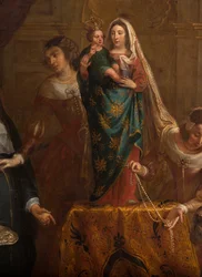 Seurakuntakirkko (Eglise Saint-Brice). Paintin "Espanjan arkkiherttua Isabel lahjoittaa korunsa Hallen Saint-Martinin basilikalle". Gaspar de Crayer.