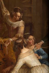Seurakuntakirkko (Eglise Saint-Brice). Paintin "Espanjan arkkiherttua Isabel lahjoittaa korunsa Hallen Saint-Martinin basilikalle". Gaspar de Crayer.