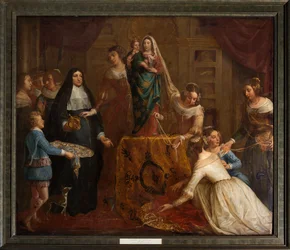 Seurakuntakirkko (Eglise Saint-Brice). Paintin "Espanjan arkkiherttua Isabel lahjoittaa korunsa Hallen Saint-Martinin basilikalle". Gaspar de Crayer.