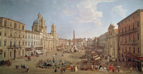 Näkymä Piazza Navonalle, Gaspar van Wittelin tai Gaspare Vanvitellin maalaus (1652 tai 1653-1736), öljy kankaalle, Italia