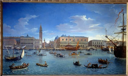 Näkymä Venetsiaan, laiturille, aukiolle ja Dogen palatsille San Giorgion saarelta, 1697, mitat: 1,74 x 0,98 m, Madrid, Museo del Prado