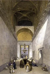 Haghia Sophia, levy 1: moskeijan pääsisäänkäynti, kaivertaja Louis Haghe (1806-85), julkaistu 1852 (litografia).