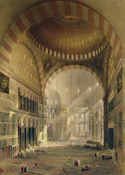 Hagia Sofia, levy 24: keskikupolin sisäpuoli alaslasketuilla kattokruunuilla, kaiverrettu Louis Haghe (1806-85), julkaistu 1852
